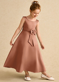 Azazie Eve Abiti da Ragazza di Fiori Abito A-Line in Raso Opaco Plissettato Bronzo image3