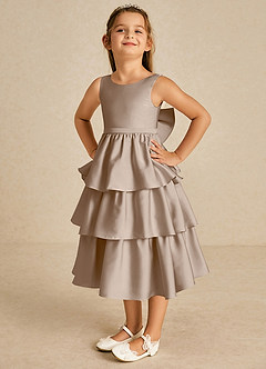 Azazie Margery Flower Girl Dresses Taupe A-Line Bow Stretch Satin Dress image3