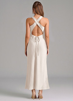 Azazie Evadne Vestidos de damas de honor Vestido Alabastro Blanco de Satén Elástico de Corte Recto con Plisado image5