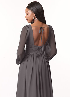 Azazie Norah Bridesmaid Dresses Steel Grey A-Line V-Neck Long Sleeve Chiffon Dress image3