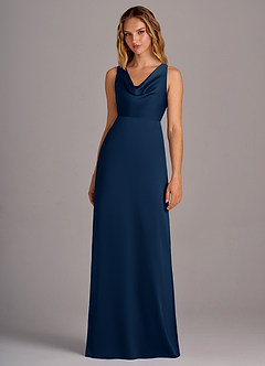 Azazie Wrenlee Vestidos de damas de honor Vestido de Azul Marino Oscuro de Satén Elástico de Corte en A image4