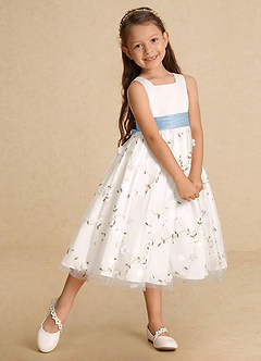 Azazie Pollie Flower Girl Dresses Ivory Powder Blue A-Line Bow Tulle Dress image9