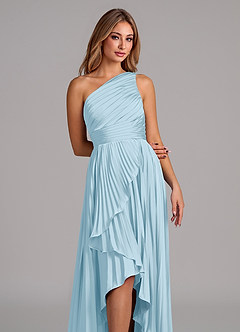 Azazie Lyrica Abiti da Damigella Abito A-Line in Raso Elasticizzato Monospalla Azzurro image7