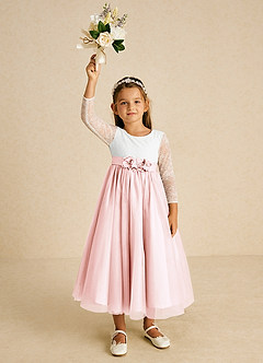 Azazie Mae Flower Girl Dresses Ivory Blushing Pink A-Line Bow Tulle Dress image4