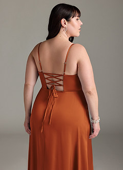 Azazie Marchella Bridesmaid Dresses Cinnamon A-Line Corset Stretch Satin Dress image12