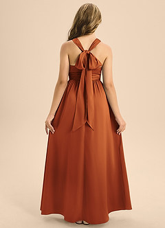 Azazie Jaylah Junior Cinnamon A-Line Pleated Stretch Satin Dress image2