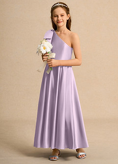 Azazie Guppy Girls Formal Flower Girl Dresses Frosted Lilac A-Line One Shoulder Matte Satin Dress image5