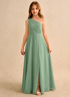 Azazie Puddles Girls Formal Abiti da Ragazza di Fiori Abito A-Line in Chiffon Monospalla Matcha image6