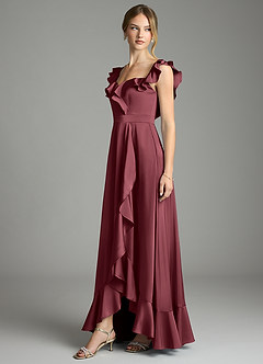 Azazie Lyra Vestidos de damas de honor Vestido de Merlot de Satén Elástico de Corte en A Convertible con Vestidos sin tirantes image4