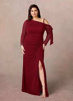 Azazie Marna Mother of the Bride Dresses Burgundy Sheath One Shoulder Mesh Dress image6