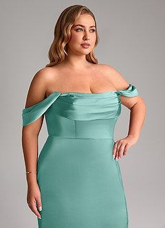 Azazie Saige Bridesmaid Dresses Aqua Sheath Off the Shoulder Stretch Satin Dress image14
