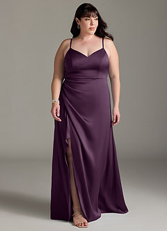 Azazie Marchella Bridesmaid Dresses Plum A-Line Corset Stretch Satin Dress image7