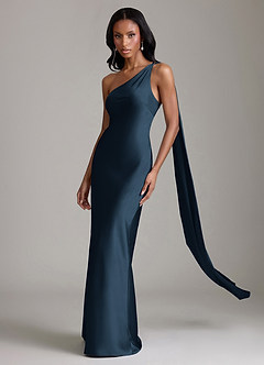 Azazie Juniper Brudtärnklänningar Klänning av Sjöjungfru i Stretch Satin One-shoulder Mörk Marinblå image1