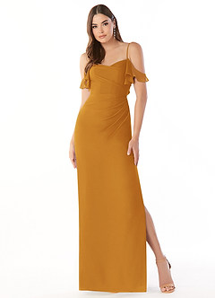 Azazie Emeralda Bridesmaid Dresses Butterscotch Sheath Off the Shoulder Chiffon Dress image3