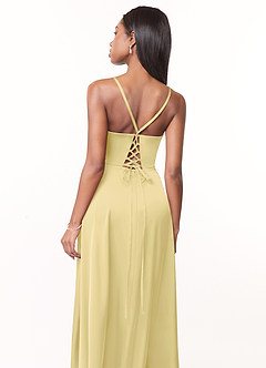 Azazie Maksim Bridesmaid Dresses Lemon Sorbet A-Line V-Neck Stretch Satin Dress image3