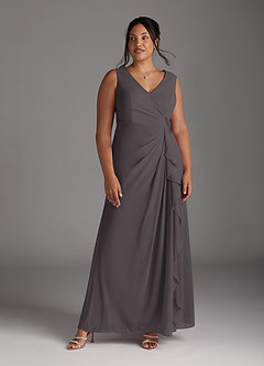 Azazie Manuella vestidos de madre de la novia Vestido de Gris Acero de Gasa de Corte En A con Cuello en V plisado image13