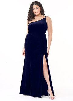 Azazie Kala Vestidos de damas de honor Vestido de Azul Marino Oscuro de terciopelo de Corte en A con Un hombro image8