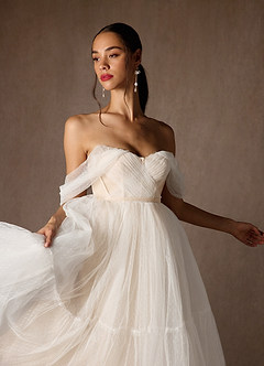 Azazie Vienna Wedding Dresses Diamond White Champagne A-Line Off-The-Shouler Tulle Dress image8