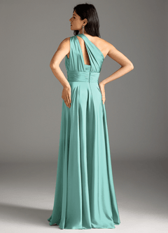 Azazie Charlize Bridesmaid Dresses Aqua A-Line One Shoulder Stretch Satin Dress image6