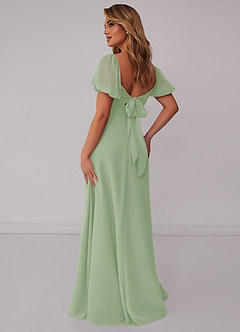 Simple Dusty Sage Chiffon A-Line Square Neck Back Zip Tea-Length Bridesmaid Dress