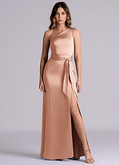 Azazie Philana Bridesmaid Dresses Rose Gold A-Line One Shoulder Stretch Satin Dress image2