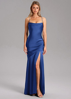 Azazie Grata Bridesmaid Dresses Royal Blue Sheath Side Slit Stretch Satin Dress image3