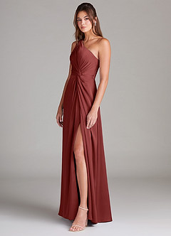 Azazie Brooke Robes de demoiselle d'honneur Robe Trapèze en Satin extensible Asymétrique Terracotta image6