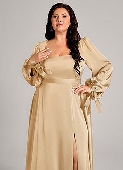 Azazie Leonia Vestidos de damas de honor Vestido de Oro de Satén Elástico de Corte en A con Manga larga image9