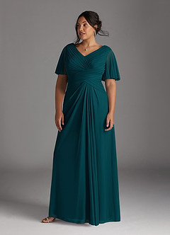 Azazie Emmeline Mother of the Bride Dresses Pine A-Line V-Neck Pleated Mesh Dress image6