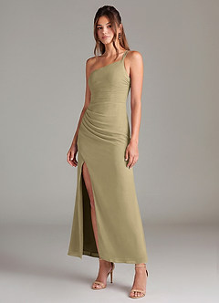 Azazie Eren 신부 들러리 드레스 인어 한쪽 어깨 쉬폰 발목 길이 드레스 image1