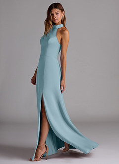 Azazie Myra Robes de demoiselle d'honneur Robe Trapèze en Satin extensible Fente Latérale Bleu Maussade image5