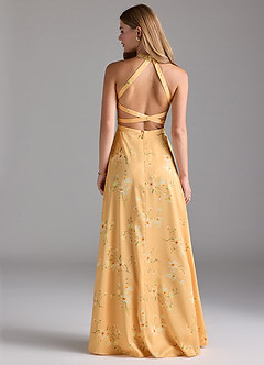 Azazie Clarice Bridesmaid Dresses Golden Blooms A-Line High Neck Stretch Satin Dress image3