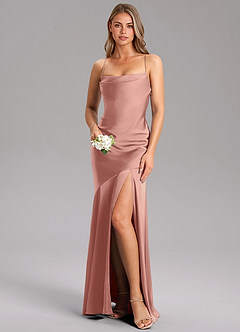 Azazie Grata Robes de demoiselle d'honneur Robe Fourreau en Satin extensible Fente Latérale Rosette image1