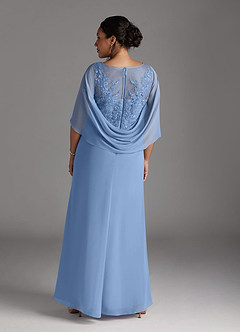 Azazie Hera At-home Try On Dresses Steel Blue A-Line Lace Capelet Chiffon Dress image7