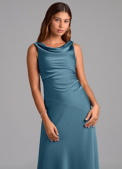 Azazie Nerine Brautjungfernkleider A-Linie Plissee Stretch-Satin Kleid Bermudablau image6