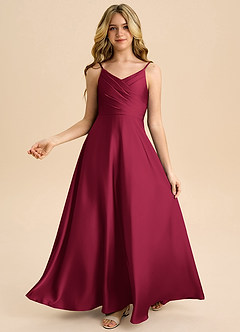 Azazie Bug Junior Linia A Pofałdowany Satyna elastyczna Długość podłogi Młodsza druhna Sukienka image1