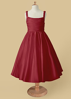 Azazie Cutie Pie Flower Girl Dresses Pomegranate A-Line Pleated Matte Satin Dress image4