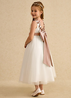 Azazie Lilli Flower Girl Dresses Ivory Champagne Rose A-Line Bow Tulle Dress image4