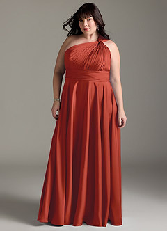 Azazie Charlize Bridesmaid Dresses Rust A-Line One Shoulder Stretch Satin Dress image13