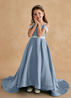 Azazie Jodi Robe Demoiselle D'honneur Fillette Robe Trapèze en Mat Satiné Bleu Poussiéreux image5