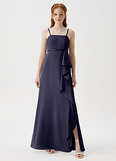 Azazie Kaylee Junior Robe Trapèze en Satin extensible avec ceinture Bleu Orageux image3