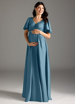 Azazie Verna Maternity Bridesmaid Dresses A-Line Ruched Stretch Satin Floor-Length Dress image3