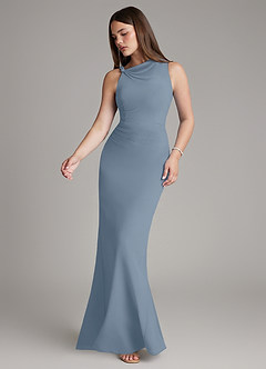 Azazie Charice Vestidos de damas de honor Vestido de Azul Polvoriento de Gasa de Corte Recto con Plisado image3