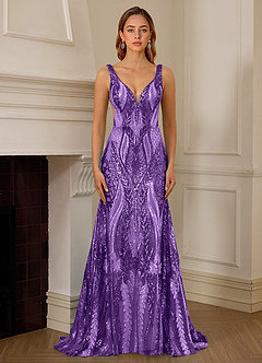 Jade Purple Sequin Satin Side Split Deep V-neck Mermaid Marine Prom Dress image6
