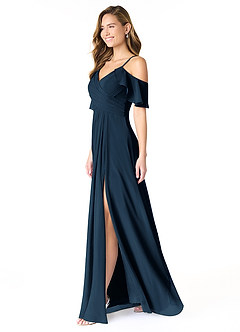 Azazie Dakota Vestidos de damas de honor Vestido Azul Marino Oscuro de Gasa de Línea A con Cuello en V plisado image3