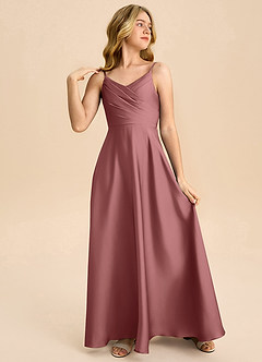 Azazie Bug Junior A-Line Plisseret Stræk satin Gulv-længde Junior brudepige Kjole image4