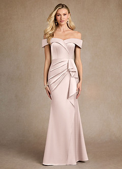 Azazie Laredo Mother of the Bride Dresses Blushing Pink Mermaid Off the Shoulder Stretch Satin Dress image1