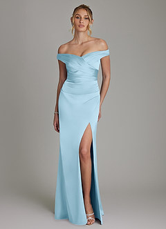 Azazie Teyana Bridesmaid Dresses Sky Blue Sheath Off the Shoulder Stretch Satin Dress image4