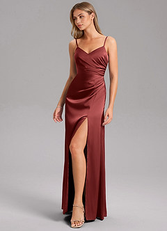 Azazie Azuree Bridesmaid Dresses Terracotta A-Line Pleated Stretch Satin Dress image5