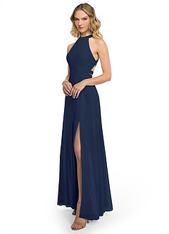 Azazie Clarice Bridesmaid Dresses Dark Navy A-Line Halter Chiffon Dress image2